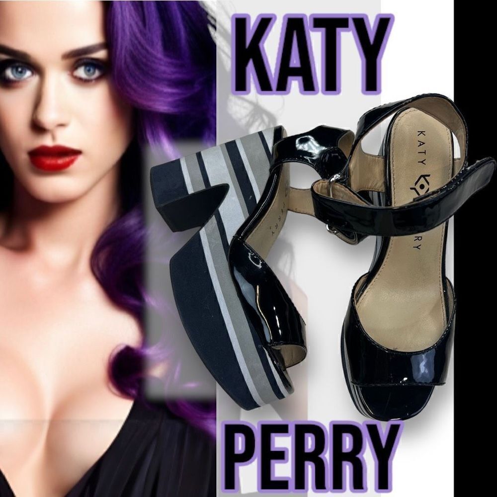Katy Perry Heels Women's 6.5 Black The Shelby Striped Open Toe Slingback Sandals